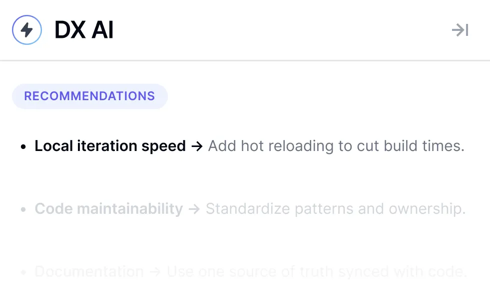 DX AI recommendations dashboard providing tailored guidance for engineering leaders and teams