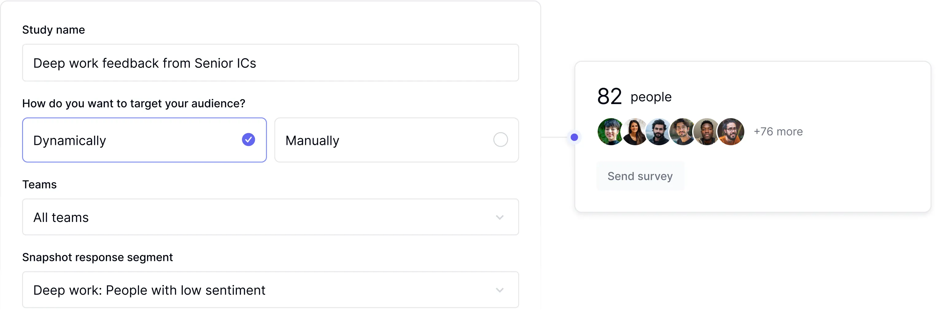 Audience targeting interface for sending surveys to specific developer groups based on role, level, and behavior