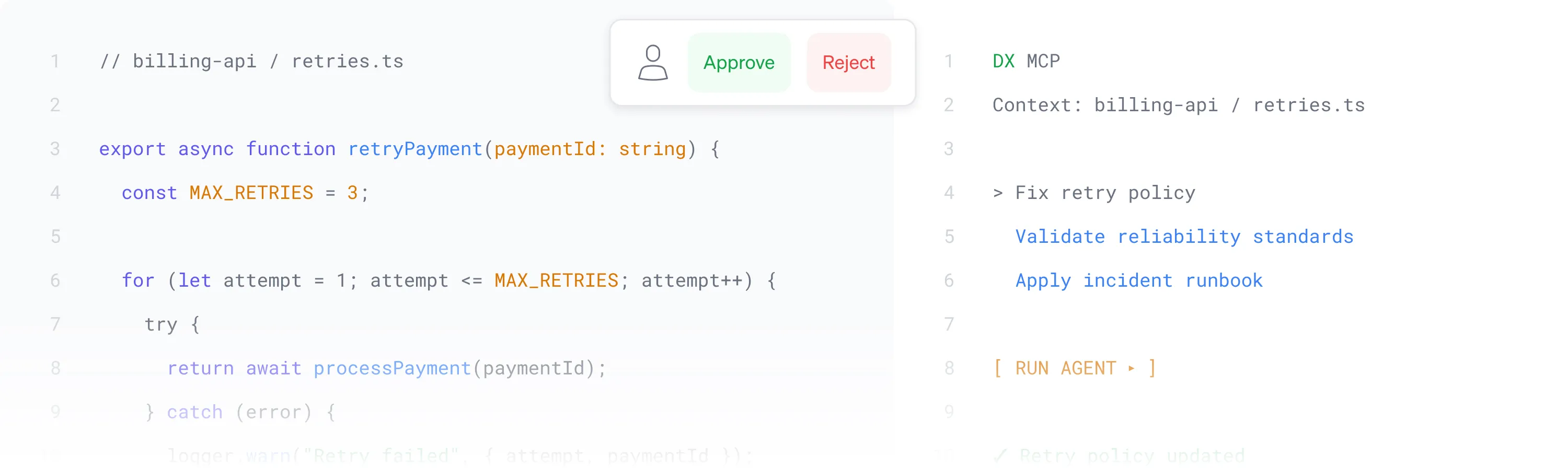 DX MCP integration showing agent actions within IDE