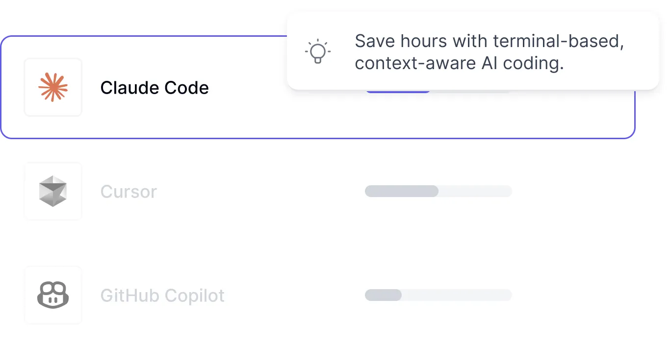 A/B testing interface for measuring and comparing efficacy of different AI development tools