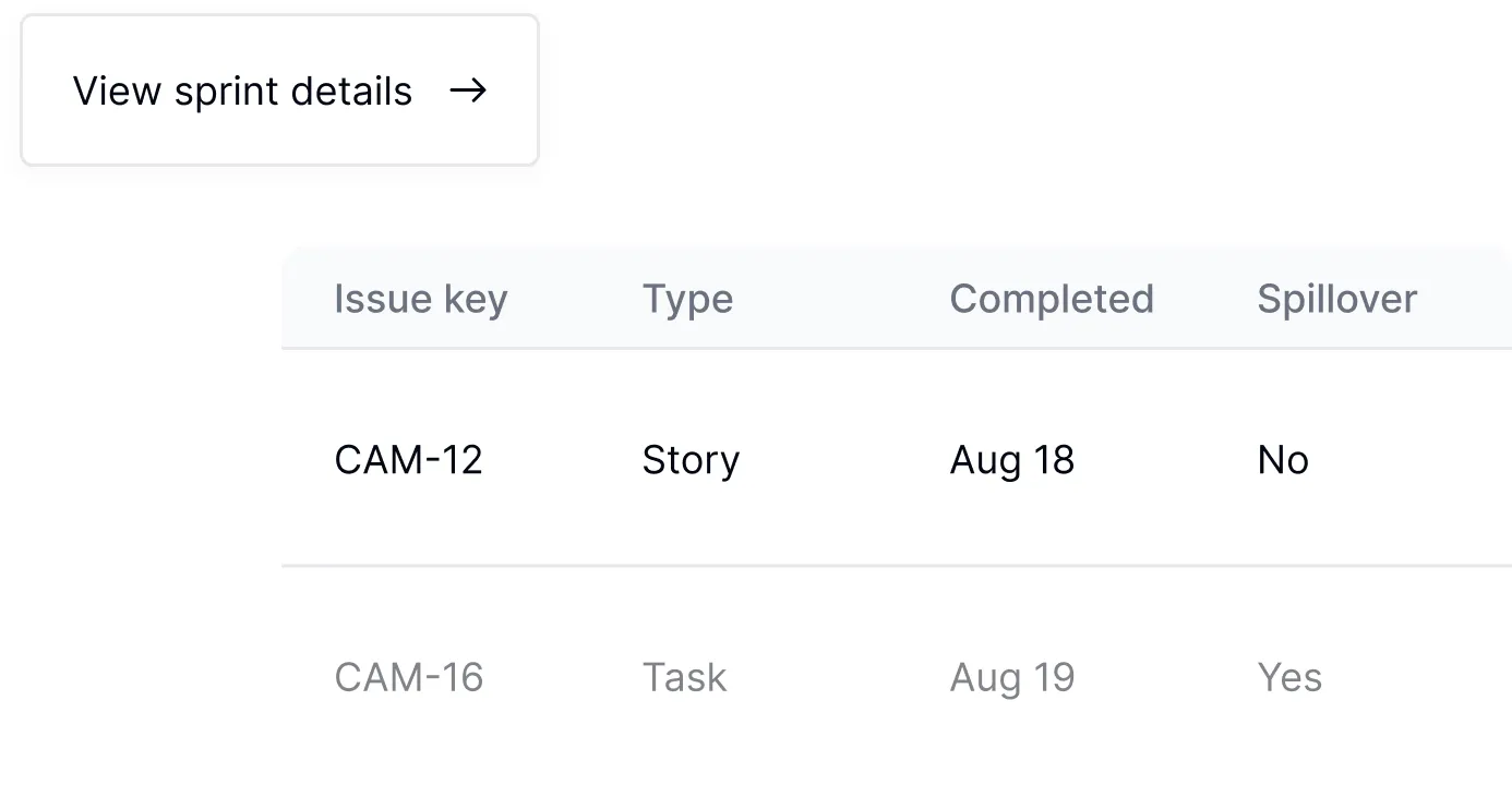 Detailed sprint visibility dashboard showing completed items, work added mid-sprint, and unfinished tasks carried over