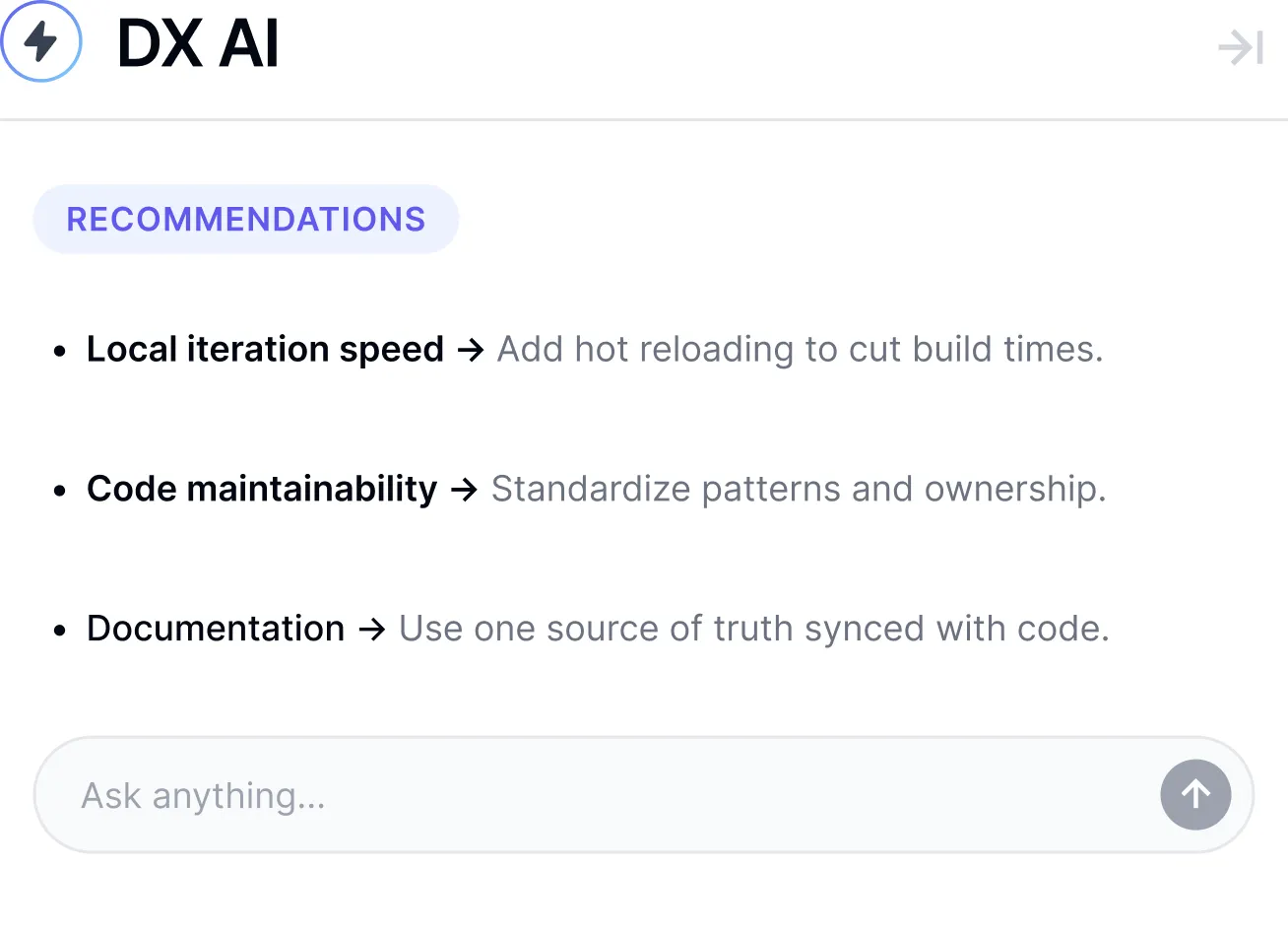 AI-powered recommendations dashboard delivering tailored guidance to engineering leaders and teams