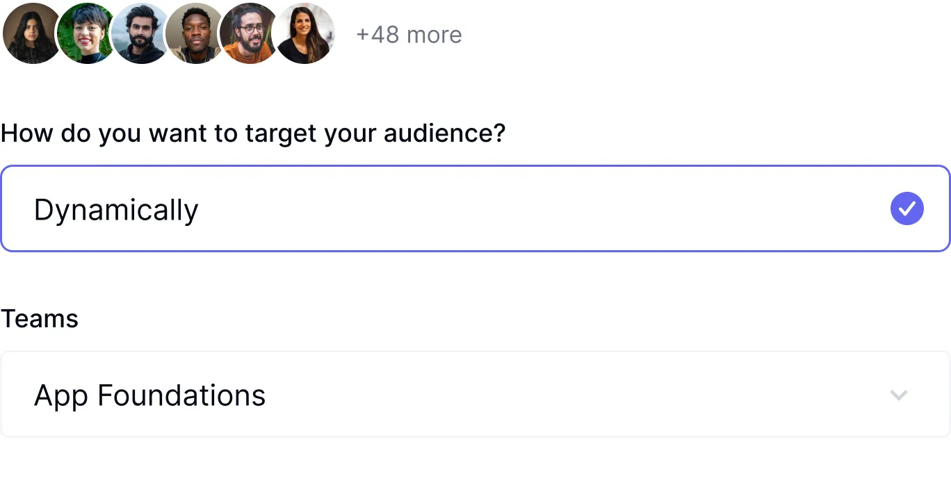 Survey targeting interface for sending DevSat questions to specific teams, roles, and email lists